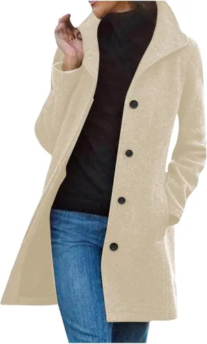 Pea Coats for Women Winter Stand Collar Trench Coats Trendy Single Breasted Tweed Jacket with Pockets Long Wool Overcoat