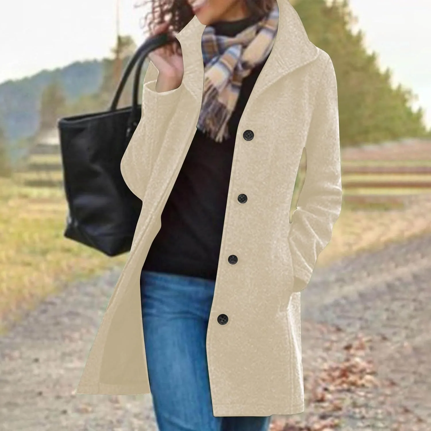 Pea Coats for Women Winter Stand Collar Trench Coats Trendy Single Breasted Tweed Jacket with Pockets Long Wool Overcoat