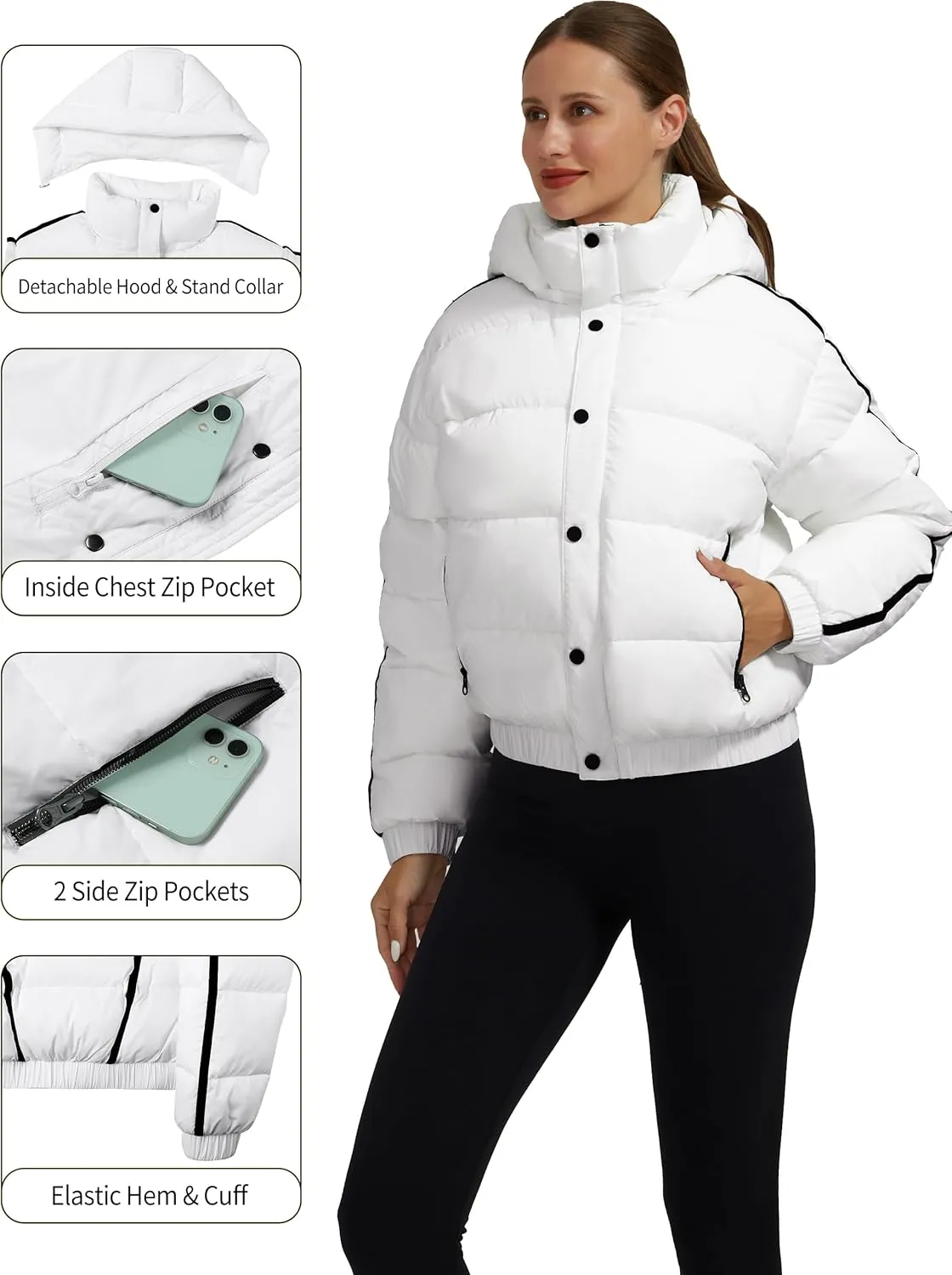 Pioneer Camp Women's Winter Cropped Puffer Jacket with Hood Waterproof Short Warm Quilted Jacket Puffy Bubble Coat Outerwear