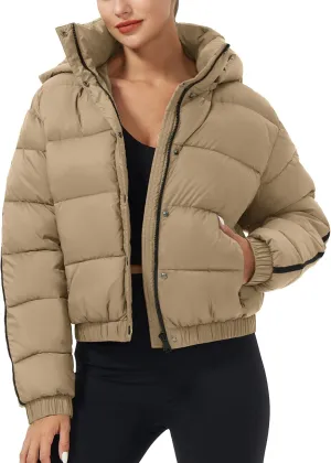 Pioneer Camp Women's Winter Cropped Puffer Jacket with Hood Waterproof Short Warm Quilted Jacket Puffy Bubble Coat Outerwear