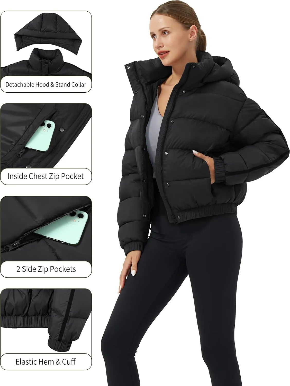 Pioneer Camp Women's Winter Cropped Puffer Jacket with Hood Waterproof Short Warm Quilted Jacket Puffy Bubble Coat Outerwear