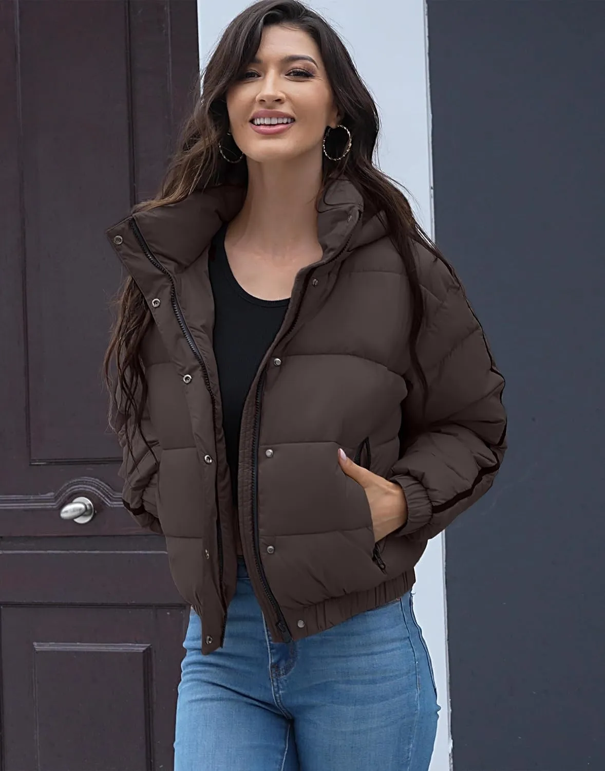 Pioneer Camp Women's Winter Cropped Puffer Jacket with Hood Waterproof Short Warm Quilted Jacket Puffy Bubble Coat Outerwear