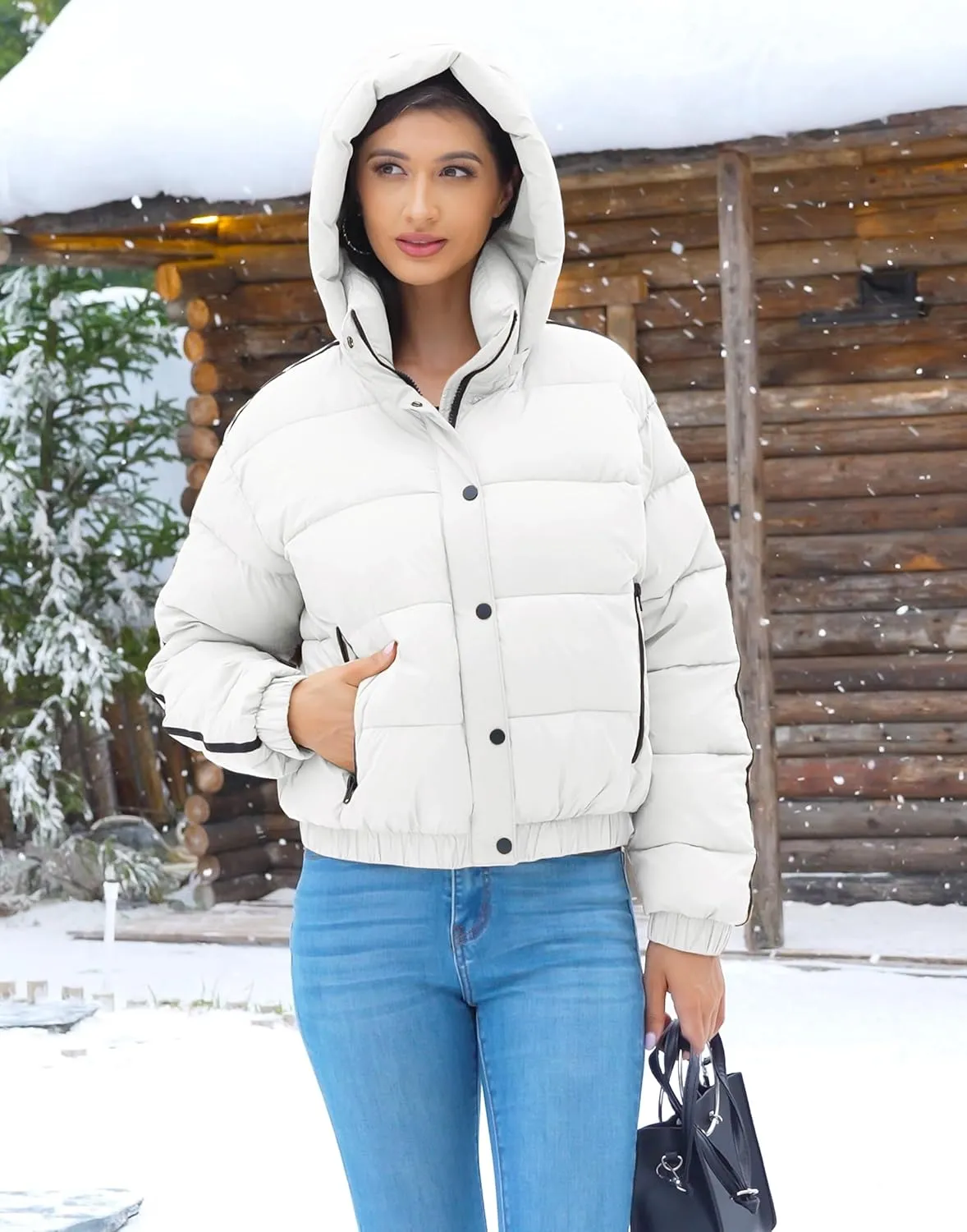 Pioneer Camp Women's Winter Cropped Puffer Jacket with Hood Waterproof Short Warm Quilted Jacket Puffy Bubble Coat Outerwear