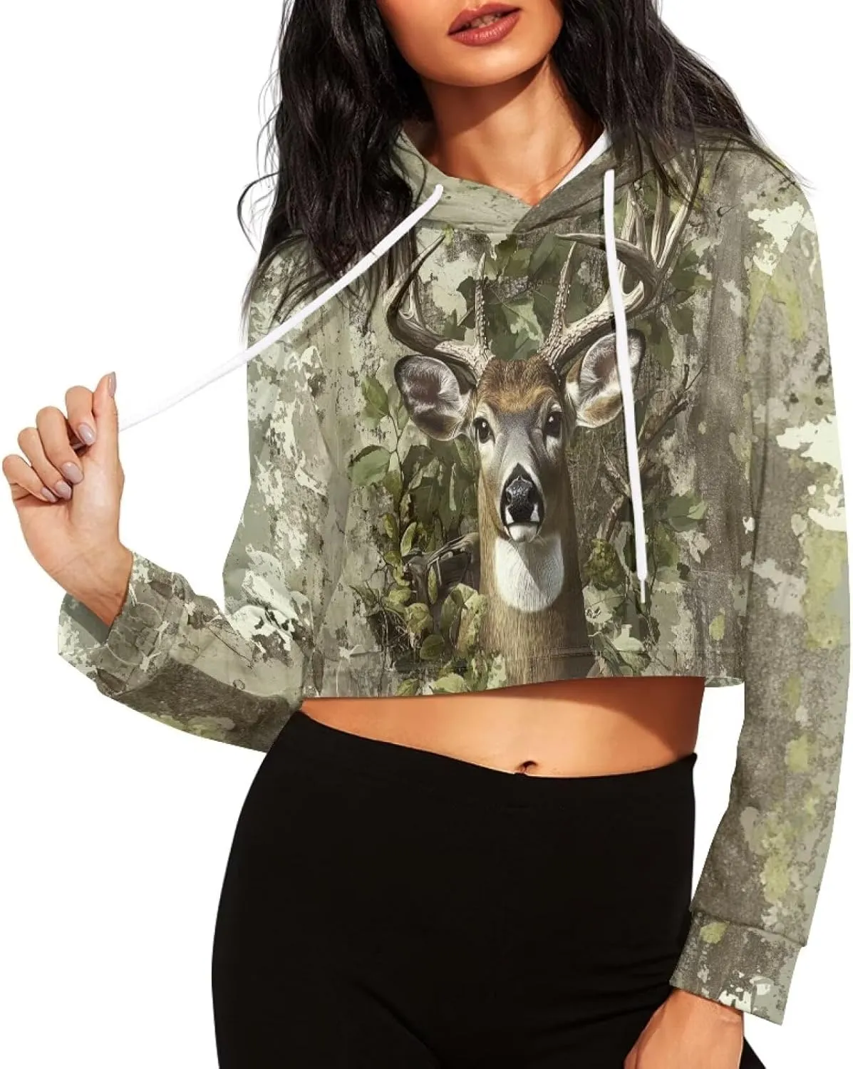 Plus Size Women Long Sleeve Cropped Hoodies Crop Top Sweatshirt Drawstring Workout Hoodie