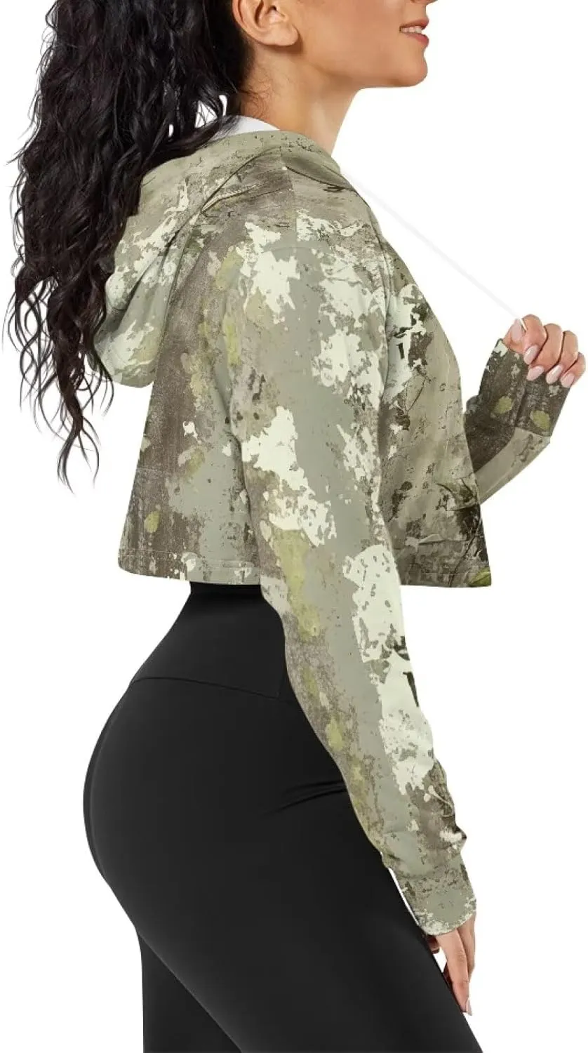 Plus Size Women Long Sleeve Cropped Hoodies Crop Top Sweatshirt Drawstring Workout Hoodie