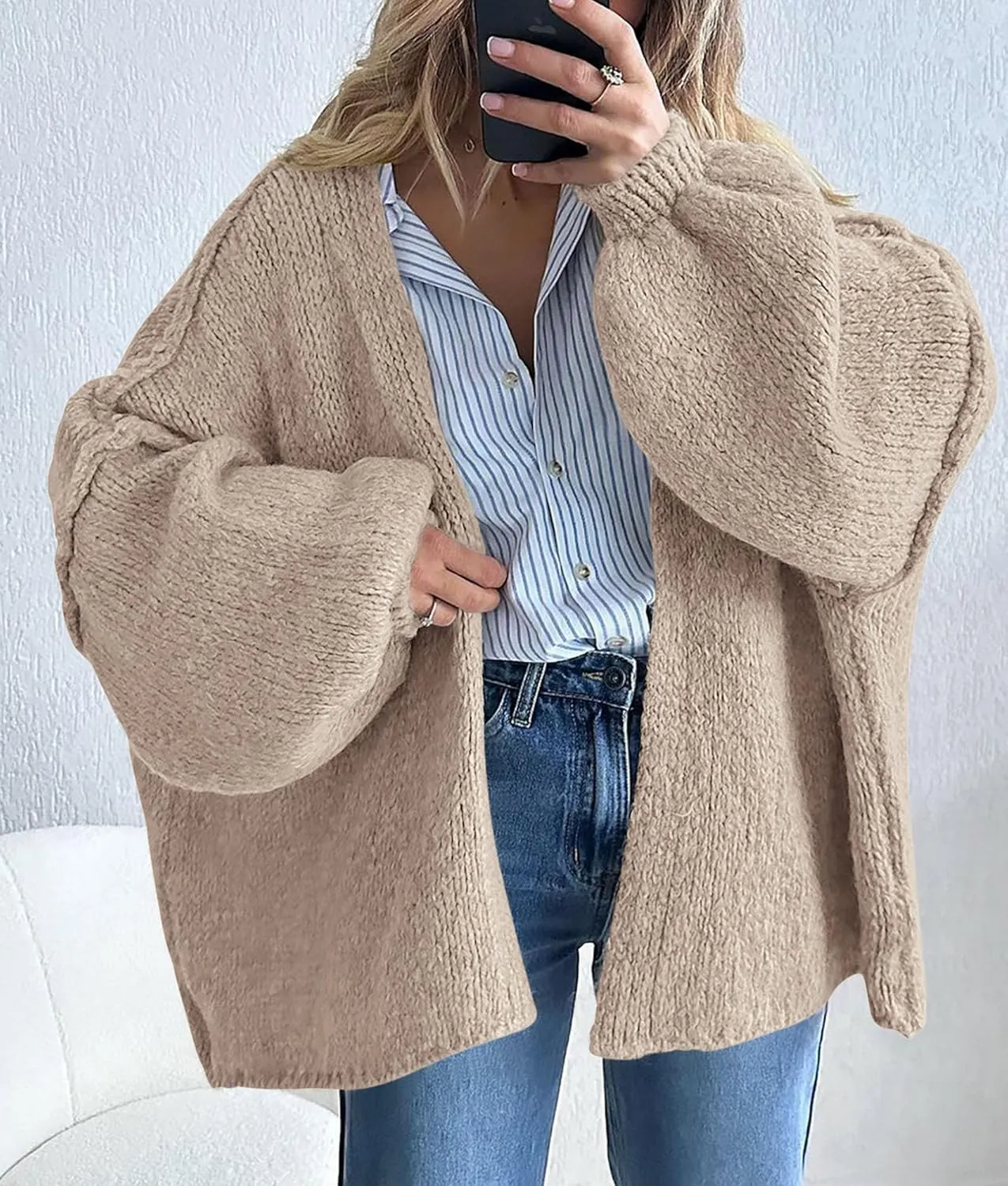 PRETTYGARDEN Womens Oversized Cardigan Sweaters 2025 Fall Long Lantern Sleeve Knit Open Front Lightweight Sweater