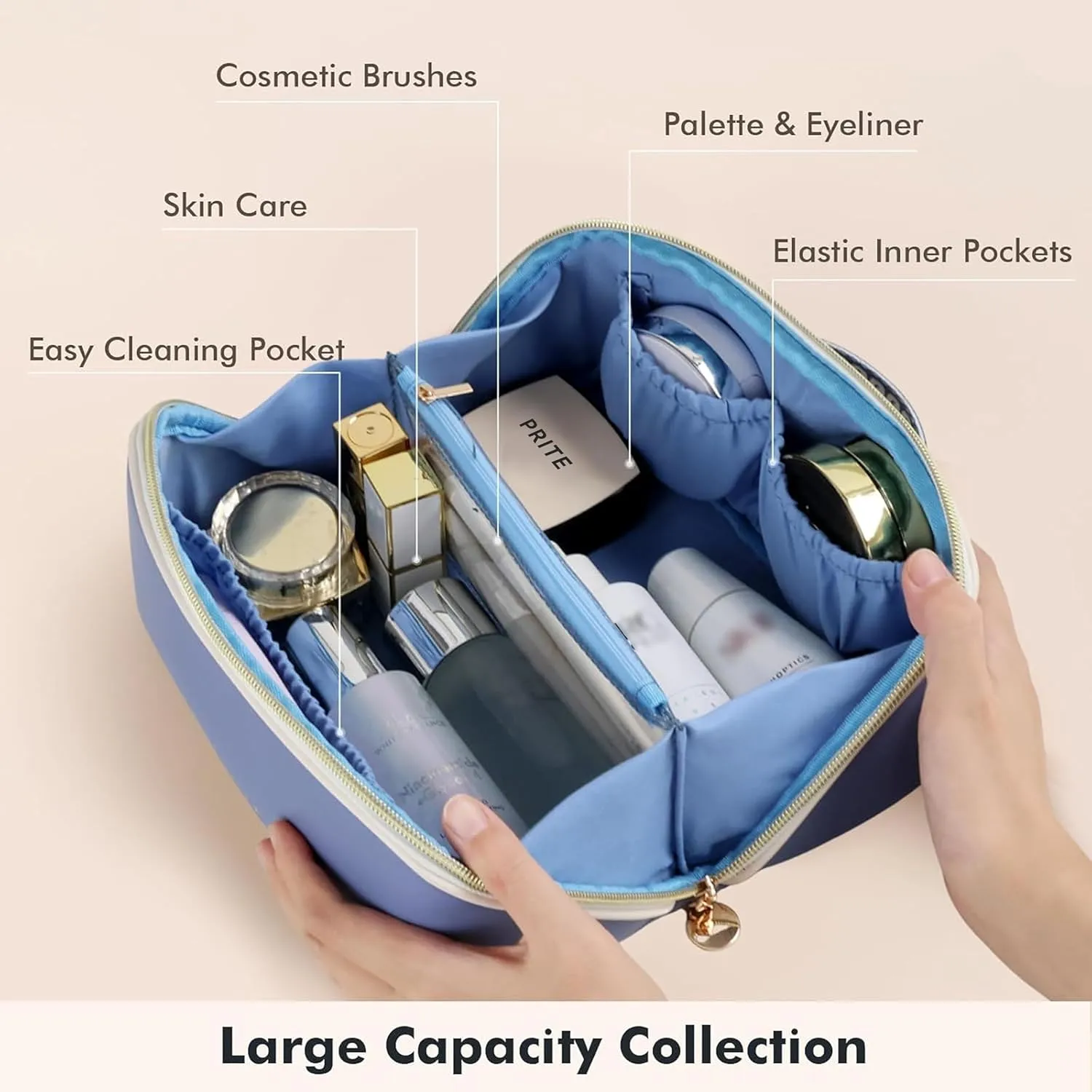 Prite Makeup Bag for Women Travel Waterproof Vegan Leather Cosmetic Bag Open Flat Toiletry Bag With Clear Divider and Handle (Blue)