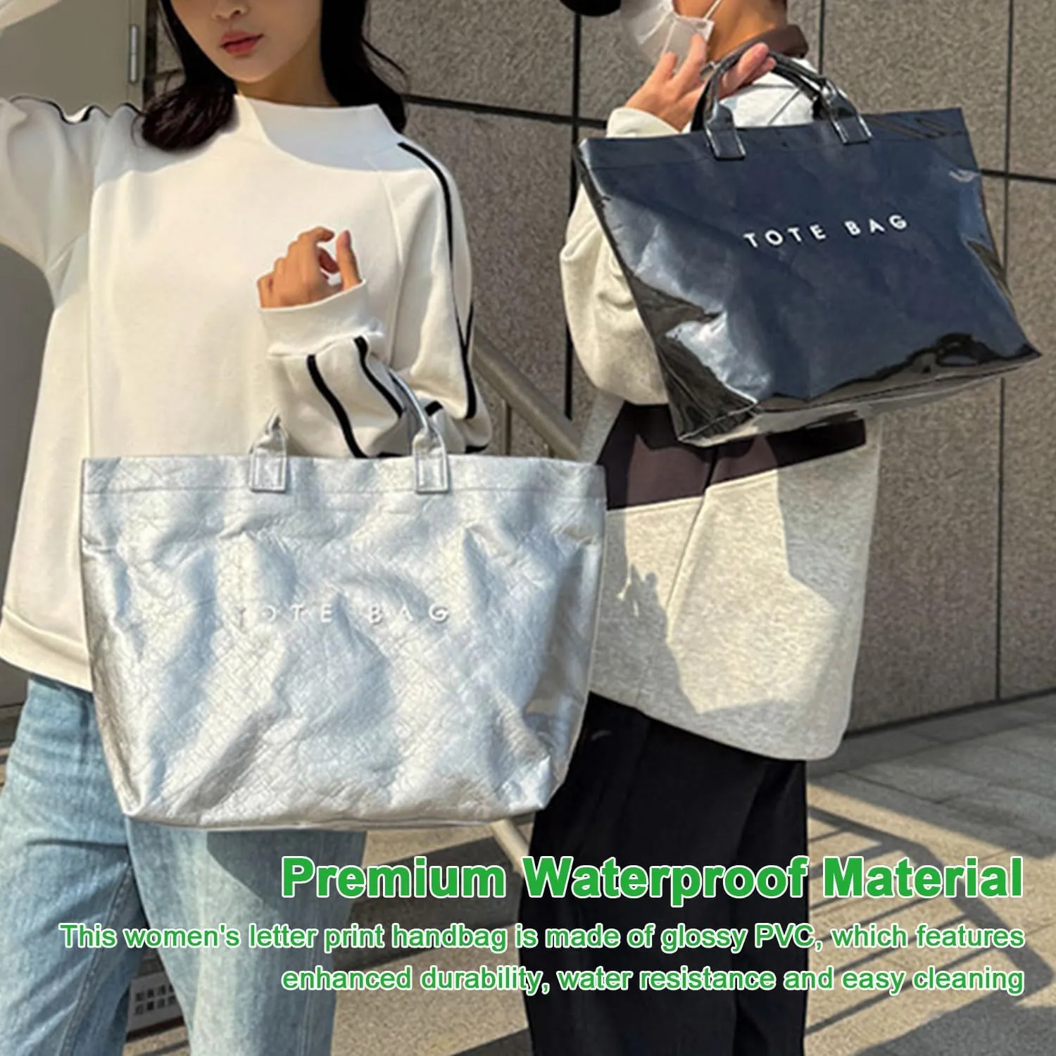 PVC Tote Bag Women's Letters Print Large Kraft Paper Carry All Bag Top Handle Clear Hobo Handbag
