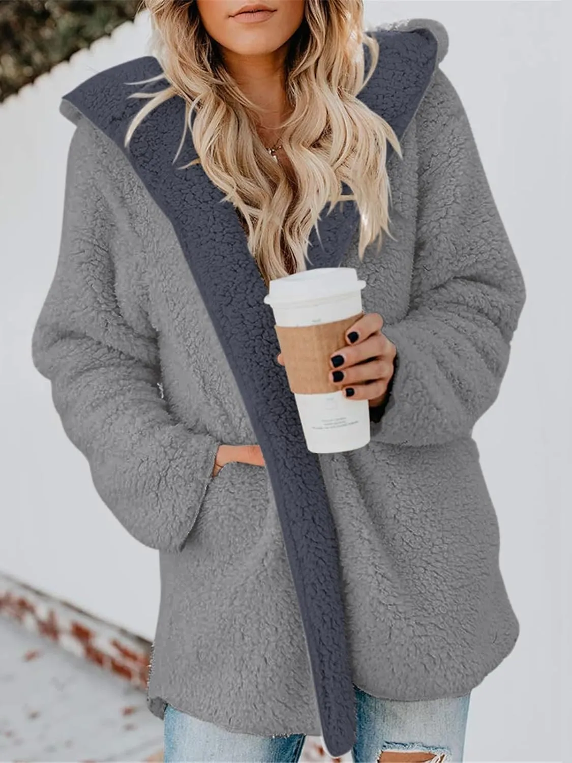 ReachMe Womens Sherpa Jacket Oversized Fleece Jacket Teddy Coats with Pockets Open Front Hooded Fuzzy Cardigan