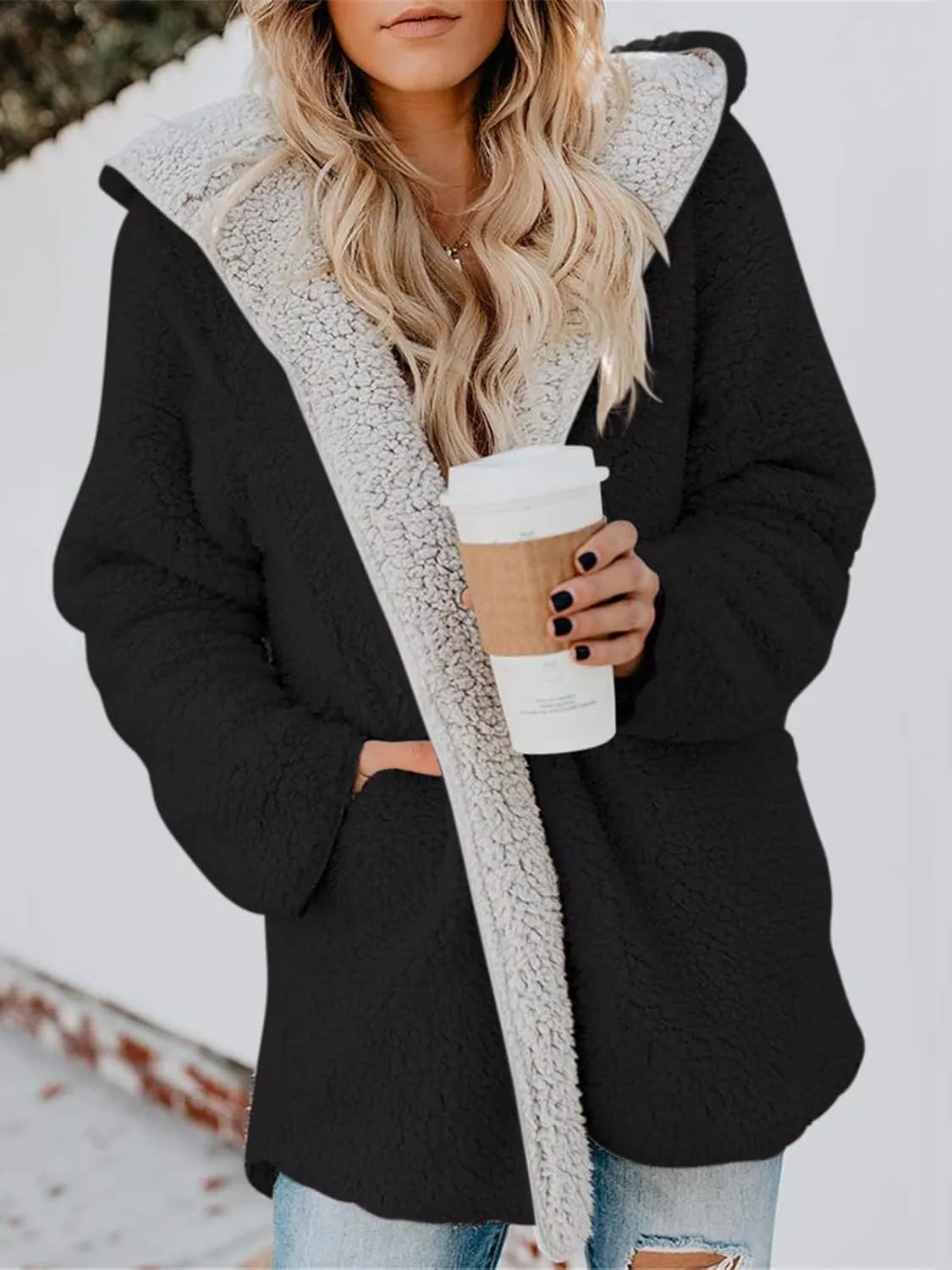 ReachMe Womens Sherpa Jacket Oversized Fleece Jacket Teddy Coats with Pockets Open Front Hooded Fuzzy Cardigan