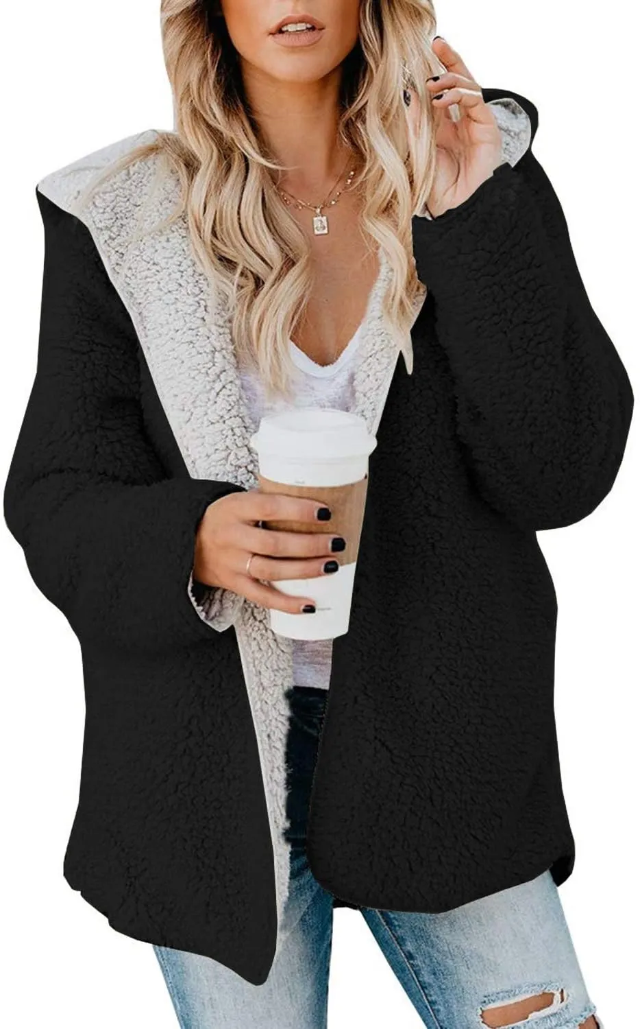 ReachMe Womens Sherpa Jacket Oversized Fleece Jacket Teddy Coats with Pockets Open Front Hooded Fuzzy Cardigan