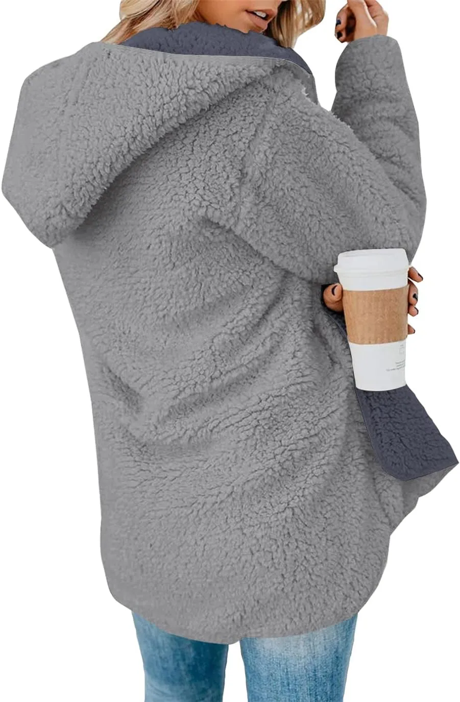 ReachMe Womens Sherpa Jacket Oversized Fleece Jacket Teddy Coats with Pockets Open Front Hooded Fuzzy Cardigan