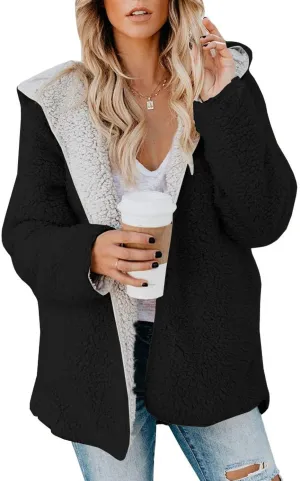 ReachMe Womens Sherpa Jacket Oversized Fleece Jacket Teddy Coats with Pockets Open Front Hooded Fuzzy Cardigan