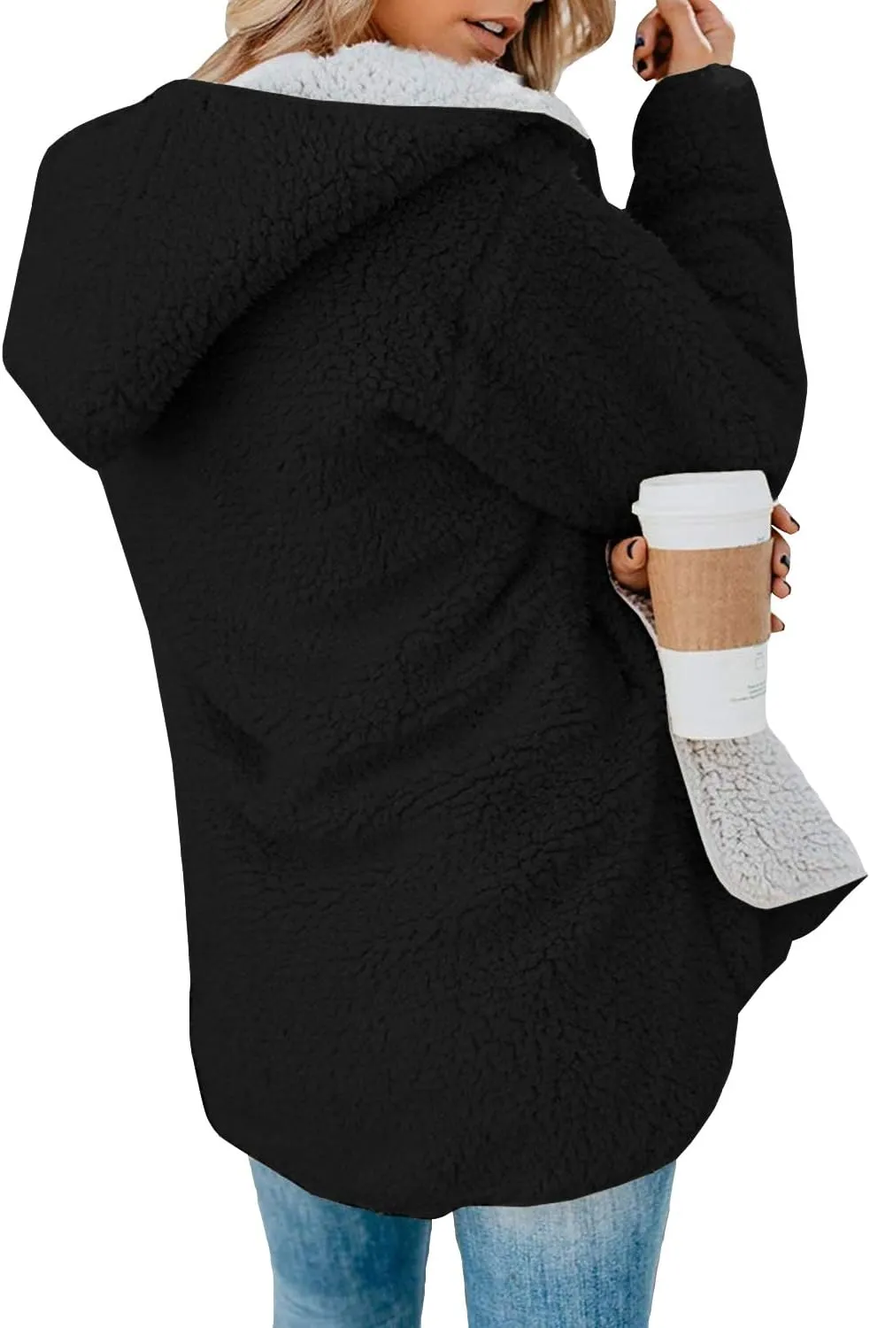 ReachMe Womens Sherpa Jacket Oversized Fleece Jacket Teddy Coats with Pockets Open Front Hooded Fuzzy Cardigan