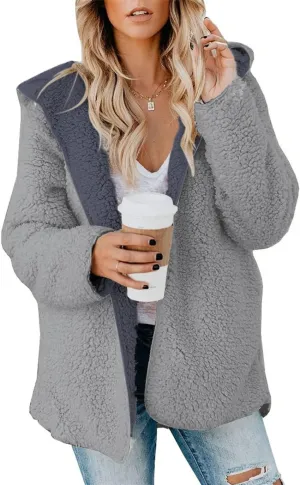 ReachMe Womens Sherpa Jacket Oversized Fleece Jacket Teddy Coats with Pockets Open Front Hooded Fuzzy Cardigan