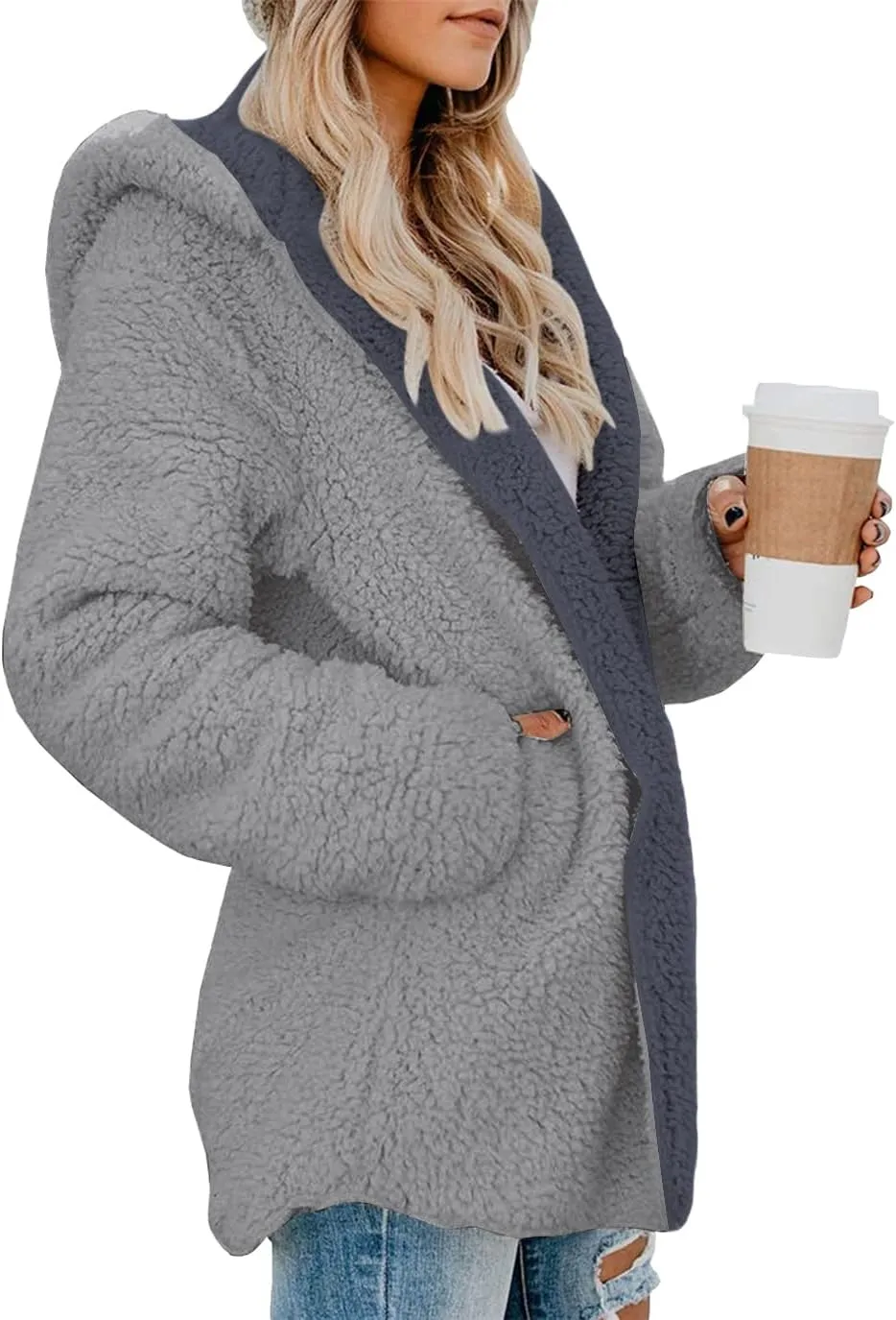 ReachMe Womens Sherpa Jacket Oversized Fleece Jacket Teddy Coats with Pockets Open Front Hooded Fuzzy Cardigan