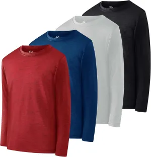 Real Essentials 4 Pack: Boys Youth Dry-Fit Moisture Wicking Active Athletic Performance Long-Sleeve T-Shirt