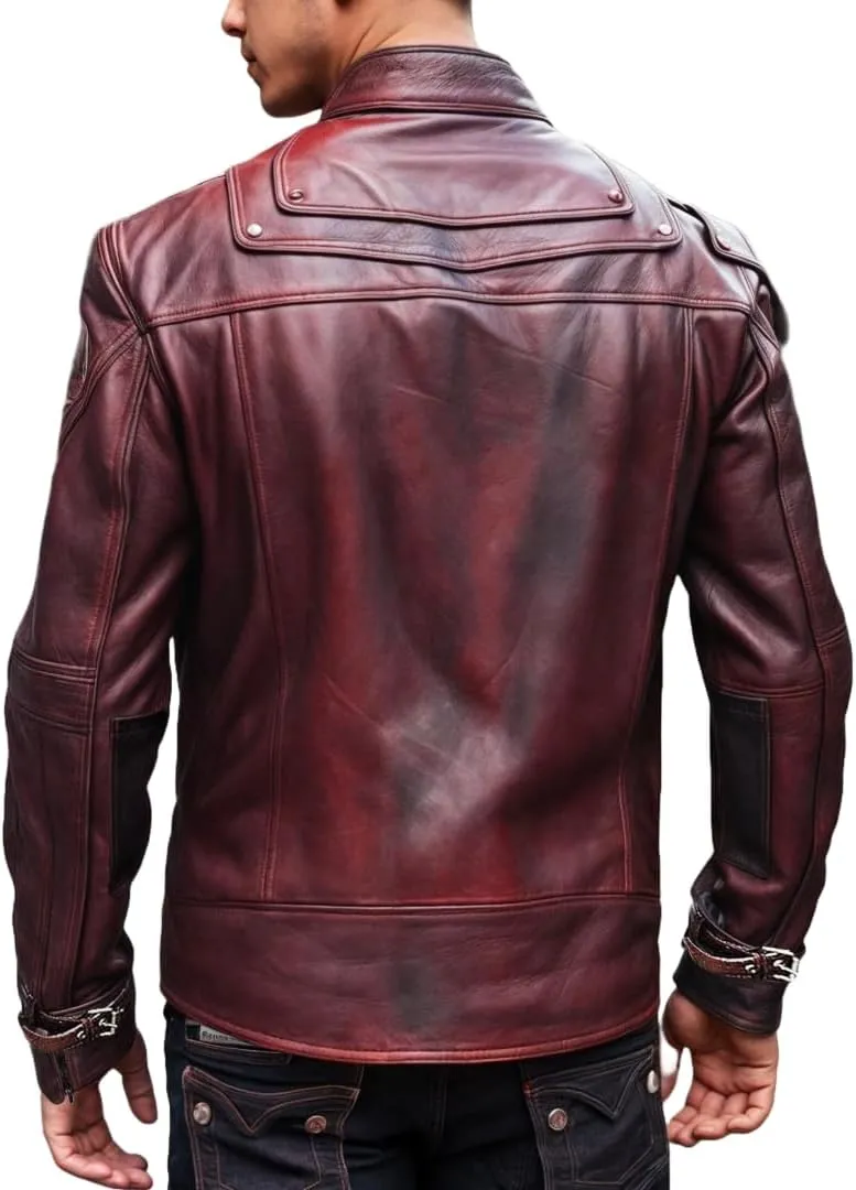Red Biker Leather Jacket Mens Costume Coat/Pants Distressed Maroon Leather Jacket for Motorcycle Cosplay