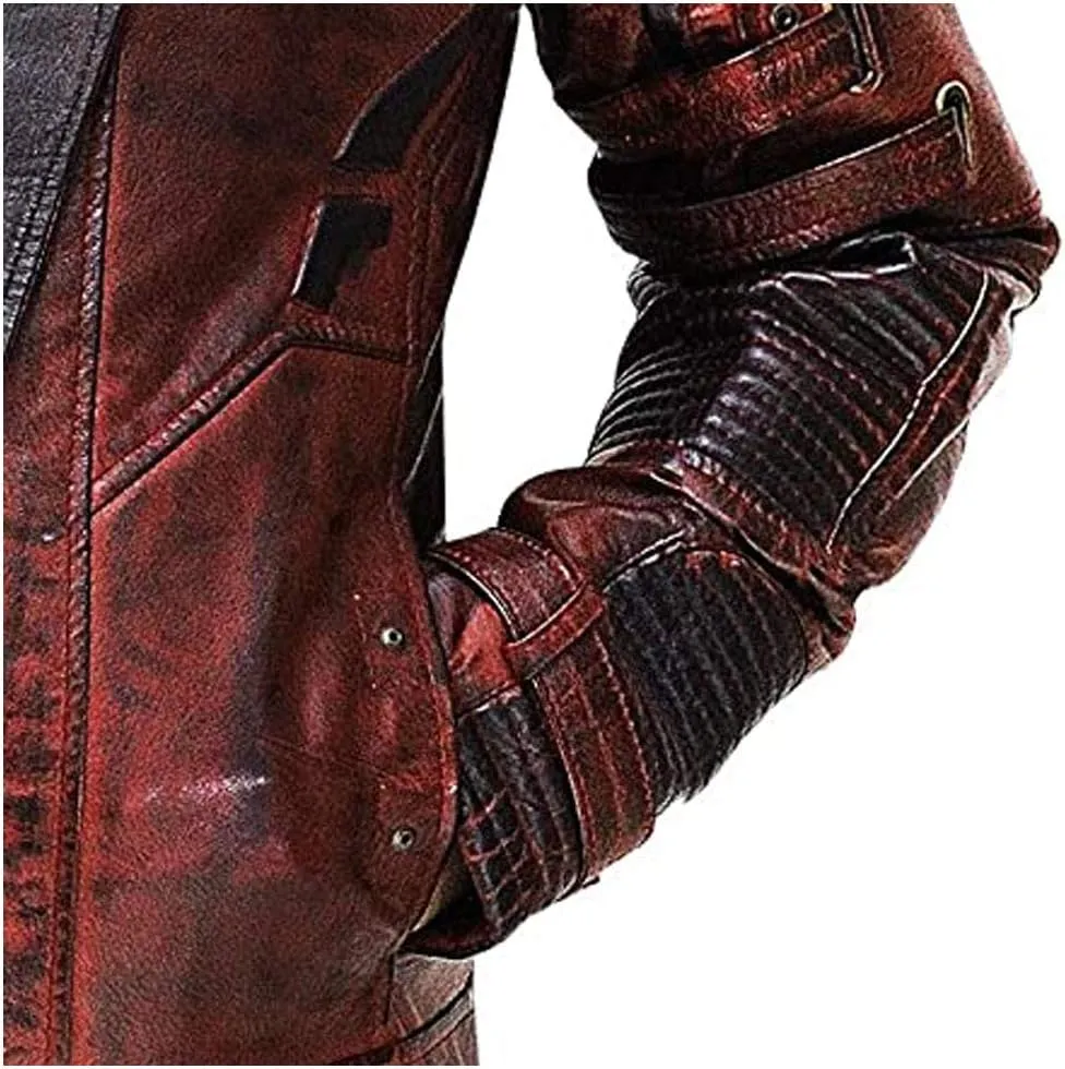 Red Biker Leather Jacket Mens Costume Coat/Pants Distressed Maroon Leather Jacket for Motorcycle Cosplay