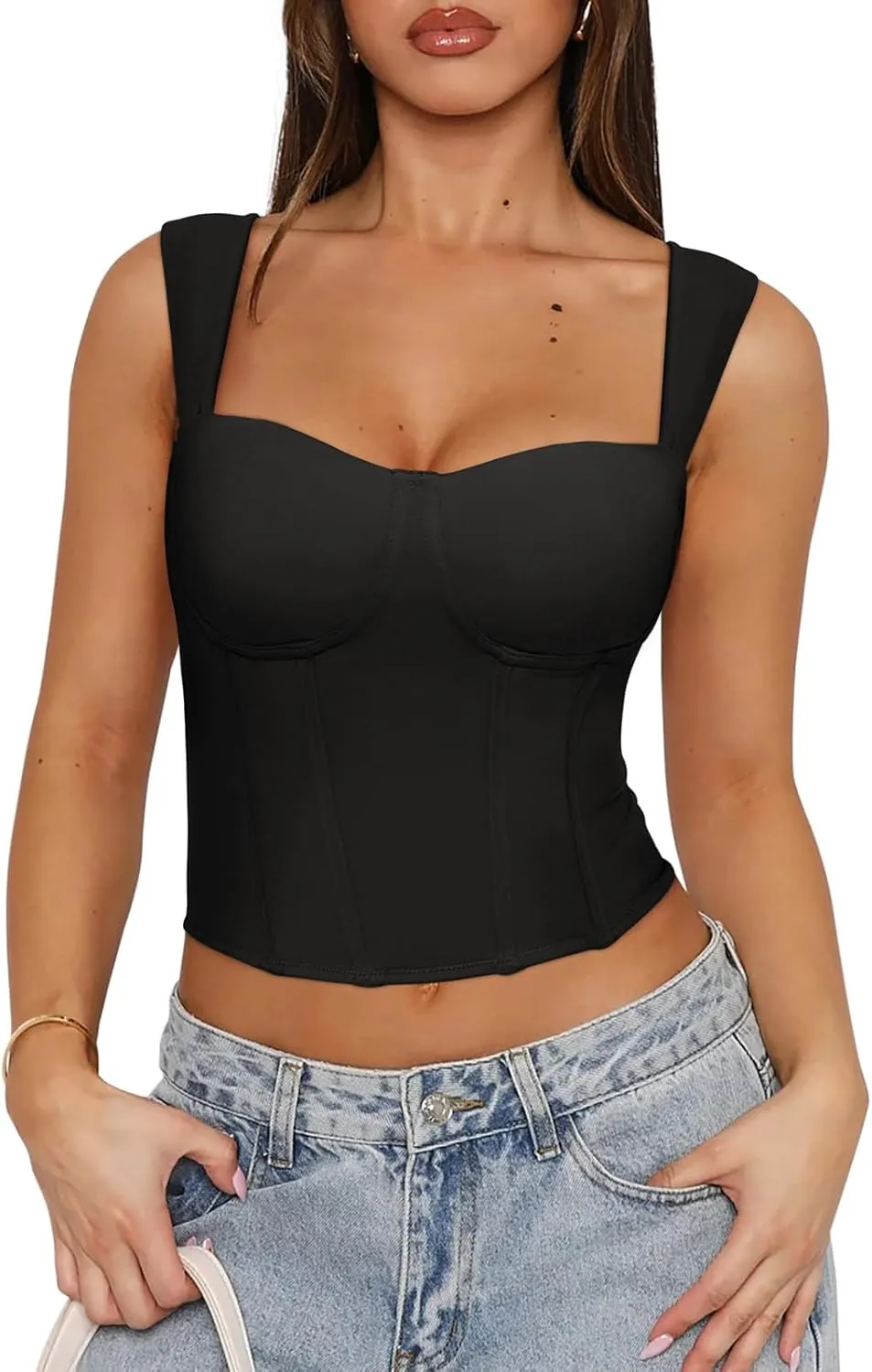 REORIA Womens Sleeveless Sweetheart Neck Bustier Corset Back Zipper Y2K Going Out Crop Tops 2025 Trendy
