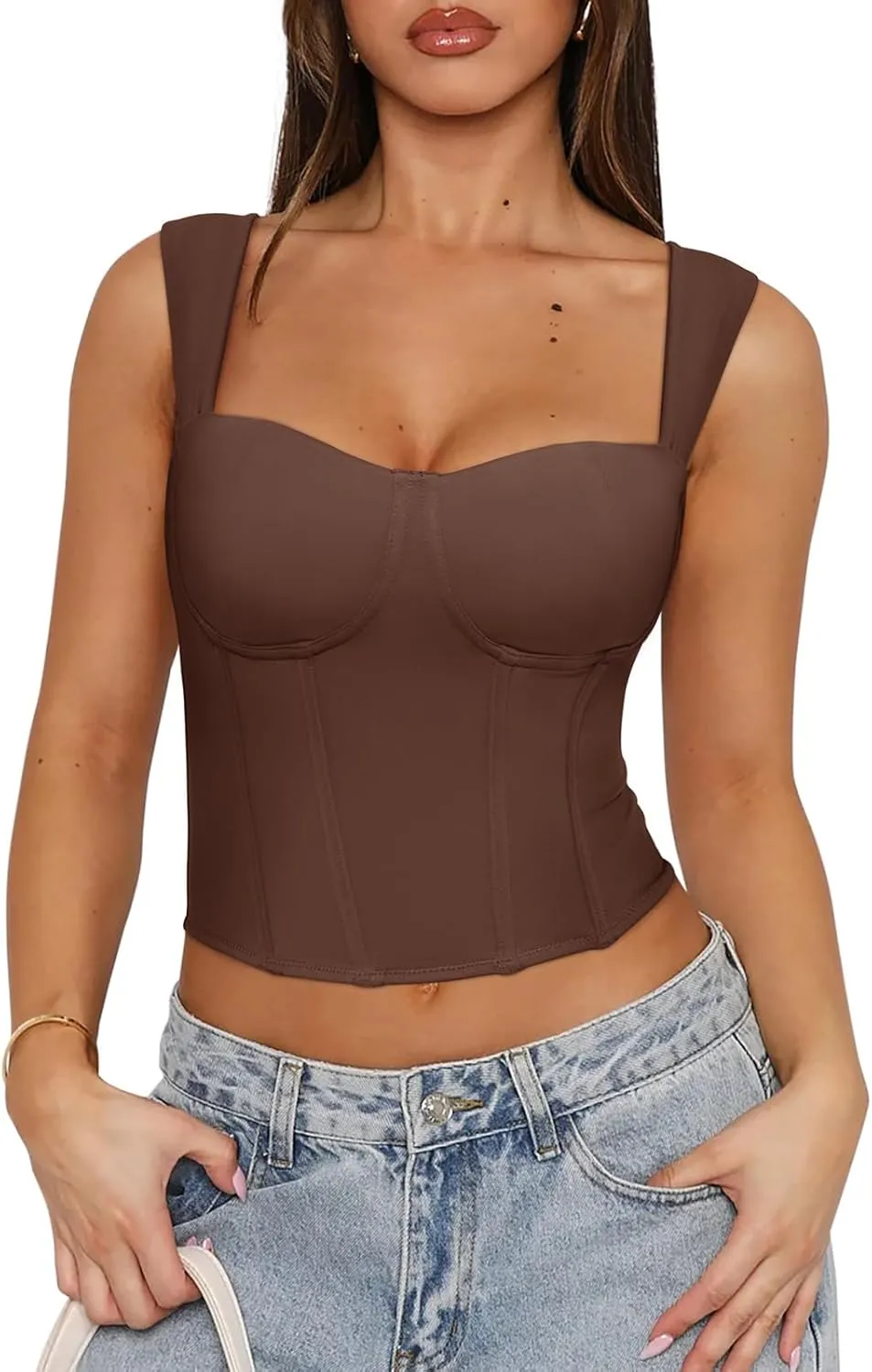 REORIA Womens Sleeveless Sweetheart Neck Bustier Corset Back Zipper Y2K Going Out Crop Tops 2025 Trendy