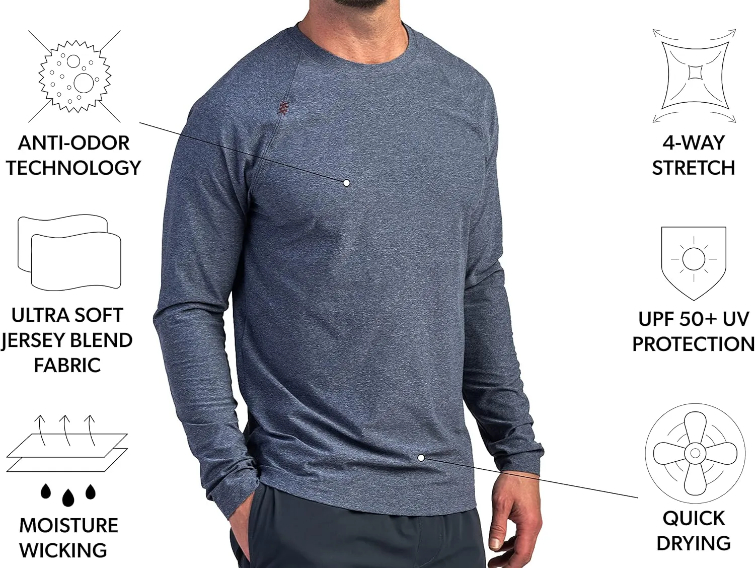 Rhone Reign Mens Long Sleeve Workout Shirts, Anti-Odor, Quick Dry Mens Gym Shirts, UPF 50 