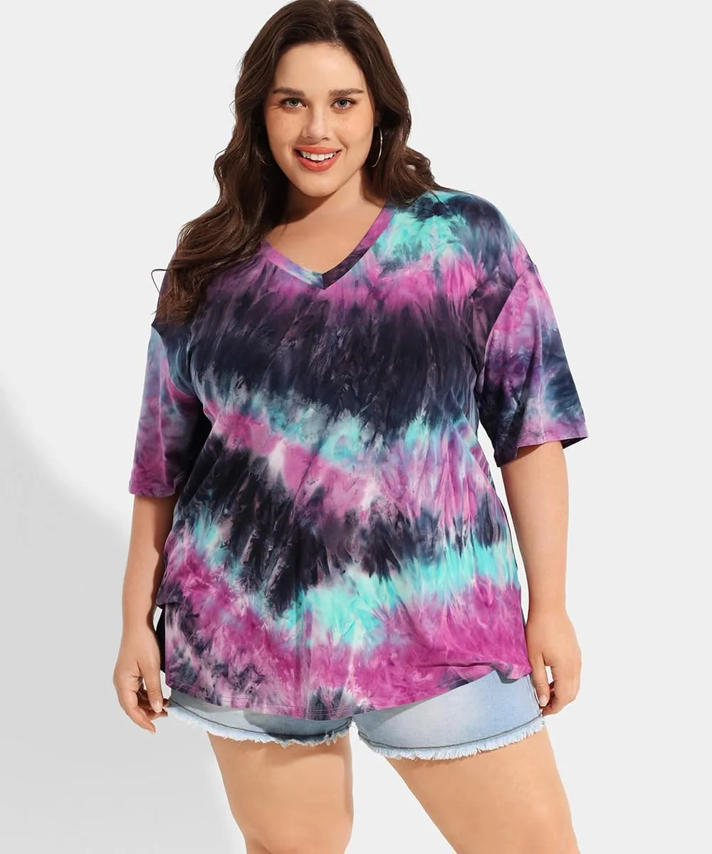 RITERA Plus Size Tops for Women Oversized Summer Basic V Neck Short Sleeve Henley Shirt Casual Tunic Shirts XL-5XL