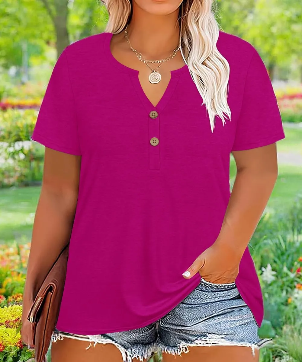 RITERA Plus Size Tops for Women V Neck Button Up Short Sleeve Henley Tshirt Casual Blouse Pullover Basic 12W 14W XL-5XL