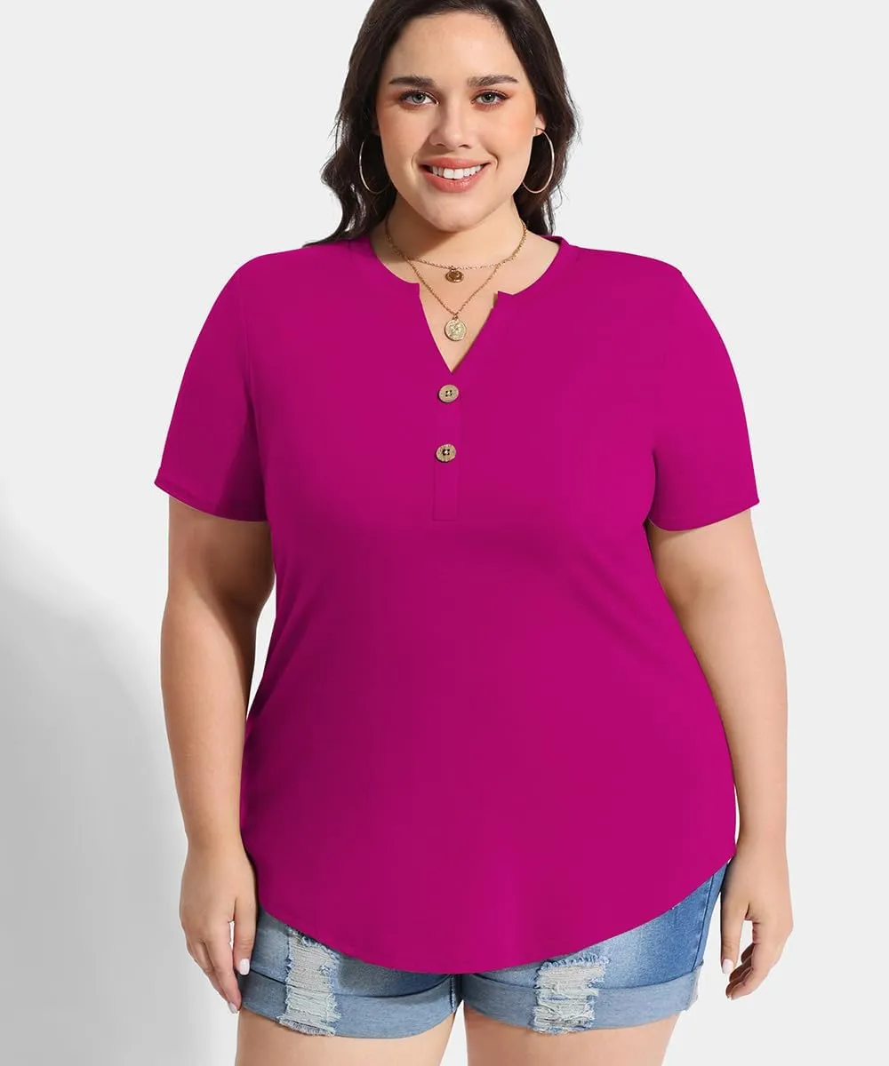 RITERA Plus Size Tops for Women V Neck Button Up Short Sleeve Henley Tshirt Casual Blouse Pullover Basic 12W 14W XL-5XL