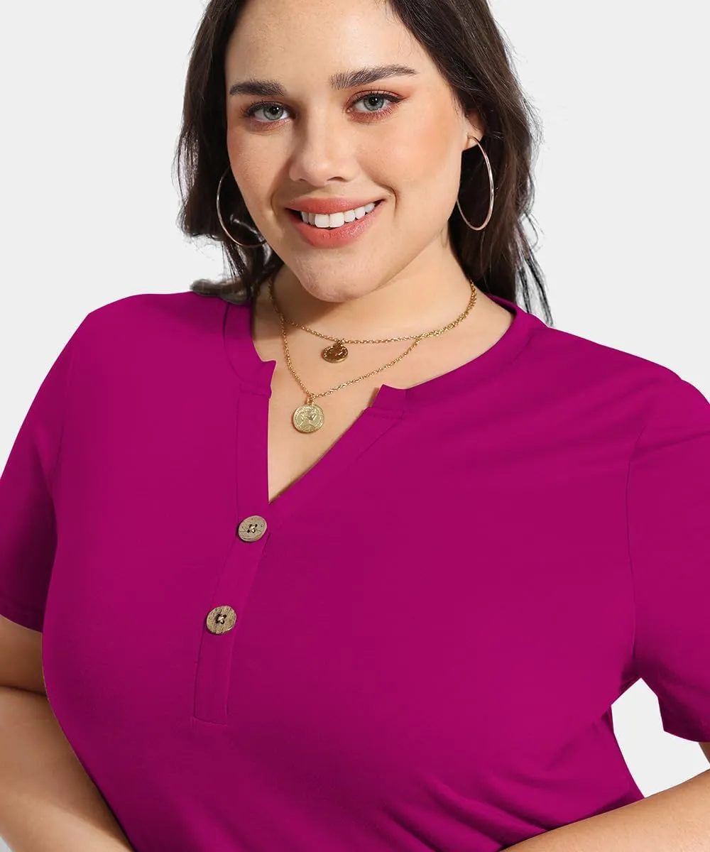 RITERA Plus Size Tops for Women V Neck Button Up Short Sleeve Henley Tshirt Casual Blouse Pullover Basic 12W 14W XL-5XL