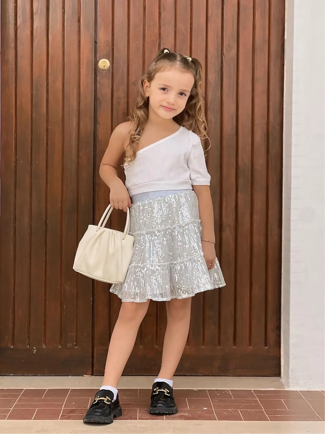 Rolanko Girls Sequin Skirt A-line Tiered Pleated Sparkly Skirt Elastic Waist Metallic Skirt for Party 5-12 Years