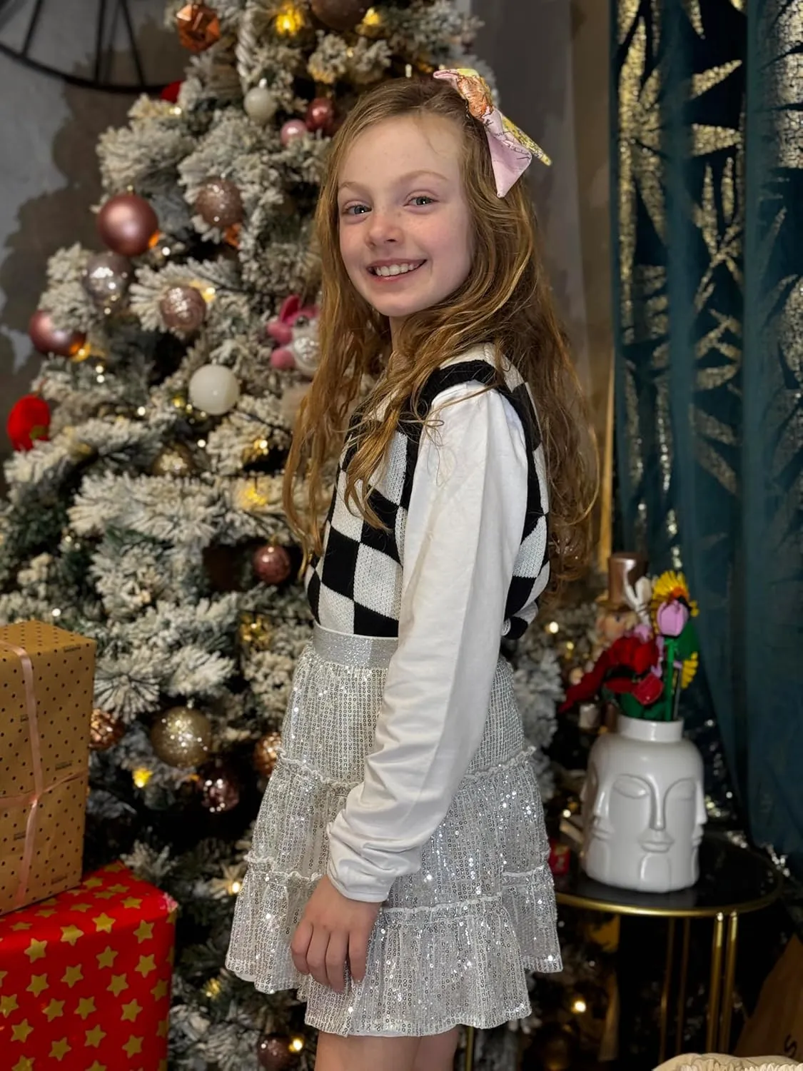 Rolanko Girls Sequin Skirt A-line Tiered Pleated Sparkly Skirt Elastic Waist Metallic Skirt for Party 5-12 Years
