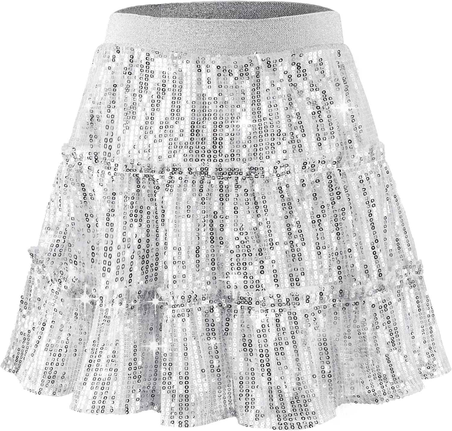 Rolanko Girls Sequin Skirt A-line Tiered Pleated Sparkly Skirt Elastic Waist Metallic Skirt for Party 5-12 Years