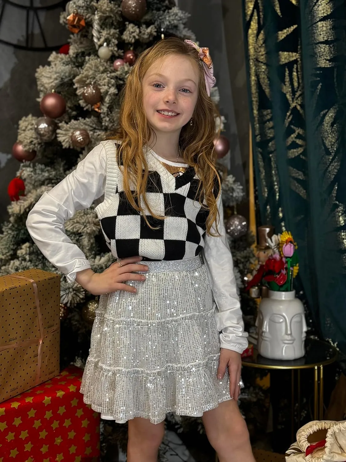 Rolanko Girls Sequin Skirt A-line Tiered Pleated Sparkly Skirt Elastic Waist Metallic Skirt for Party 5-12 Years