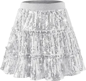 Rolanko Girls Sequin Skirt A-line Tiered Pleated Sparkly Skirt Elastic Waist Metallic Skirt for Party 5-12 Years