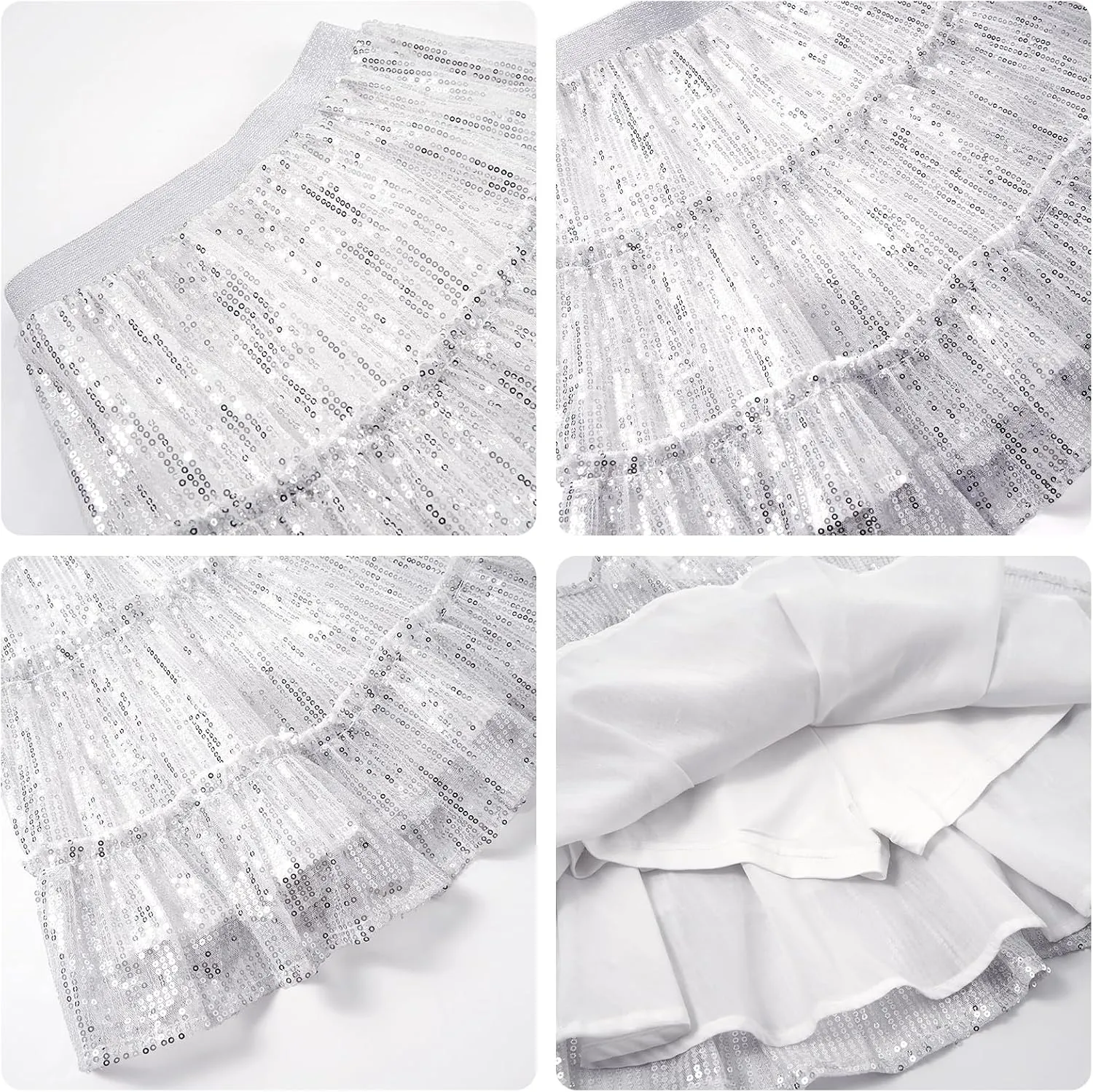 Rolanko Girls Sequin Skirt A-line Tiered Pleated Sparkly Skirt Elastic Waist Metallic Skirt for Party 5-12 Years