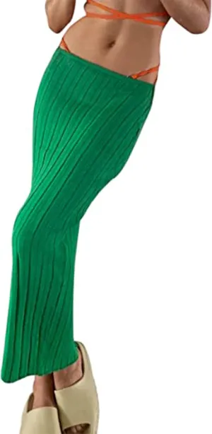 SAFRISIOR Women Solid Knitted Long Maxi Skirt Slim Stretch Midi Skirt Strapless Bodycon Beach Cover Up Sundress Party Dress