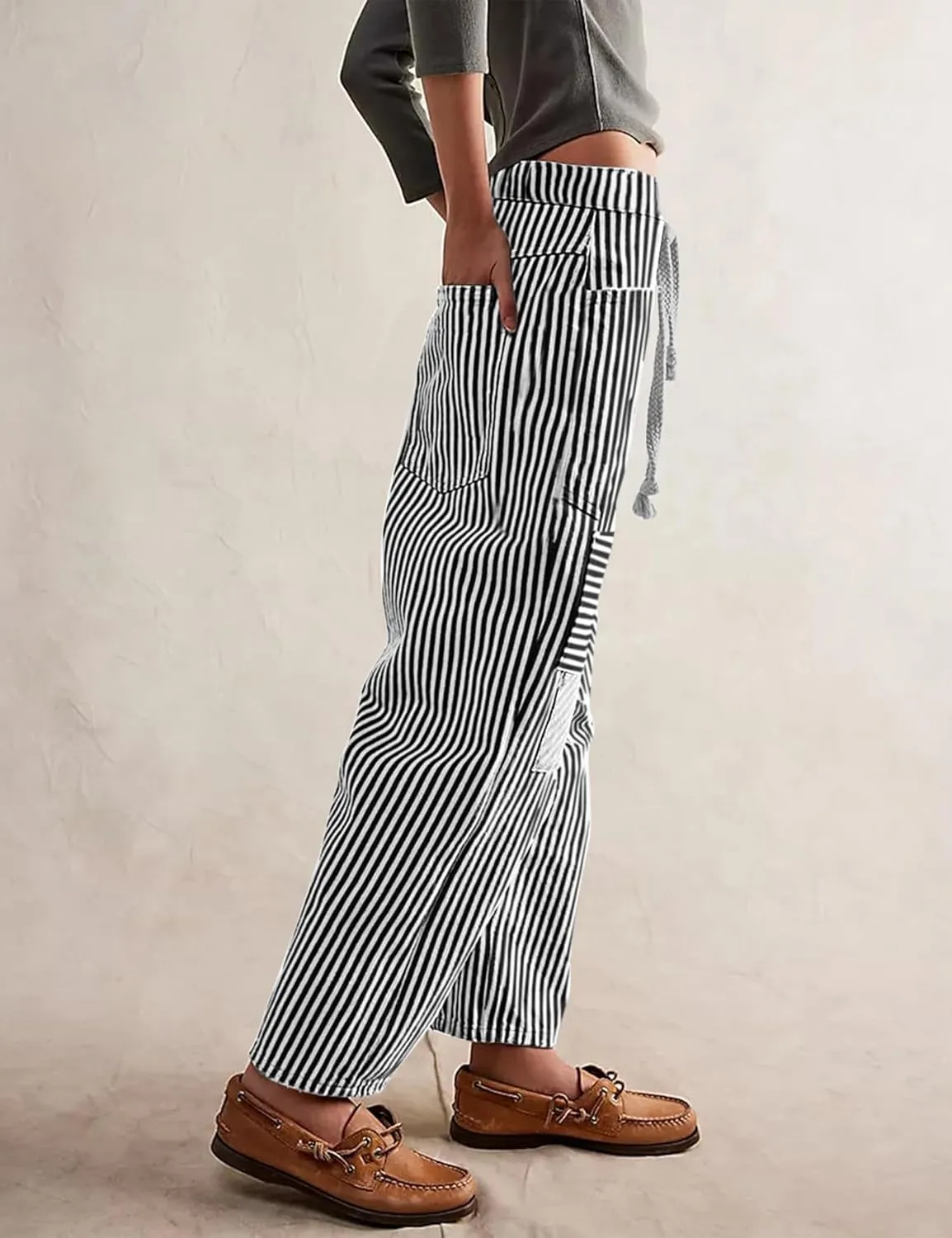 SAFRISIOR Women Striped Patchwork Pants Drawstring Barrel Pant Wide Leg Streetwear Y2k Trousers with Pockets