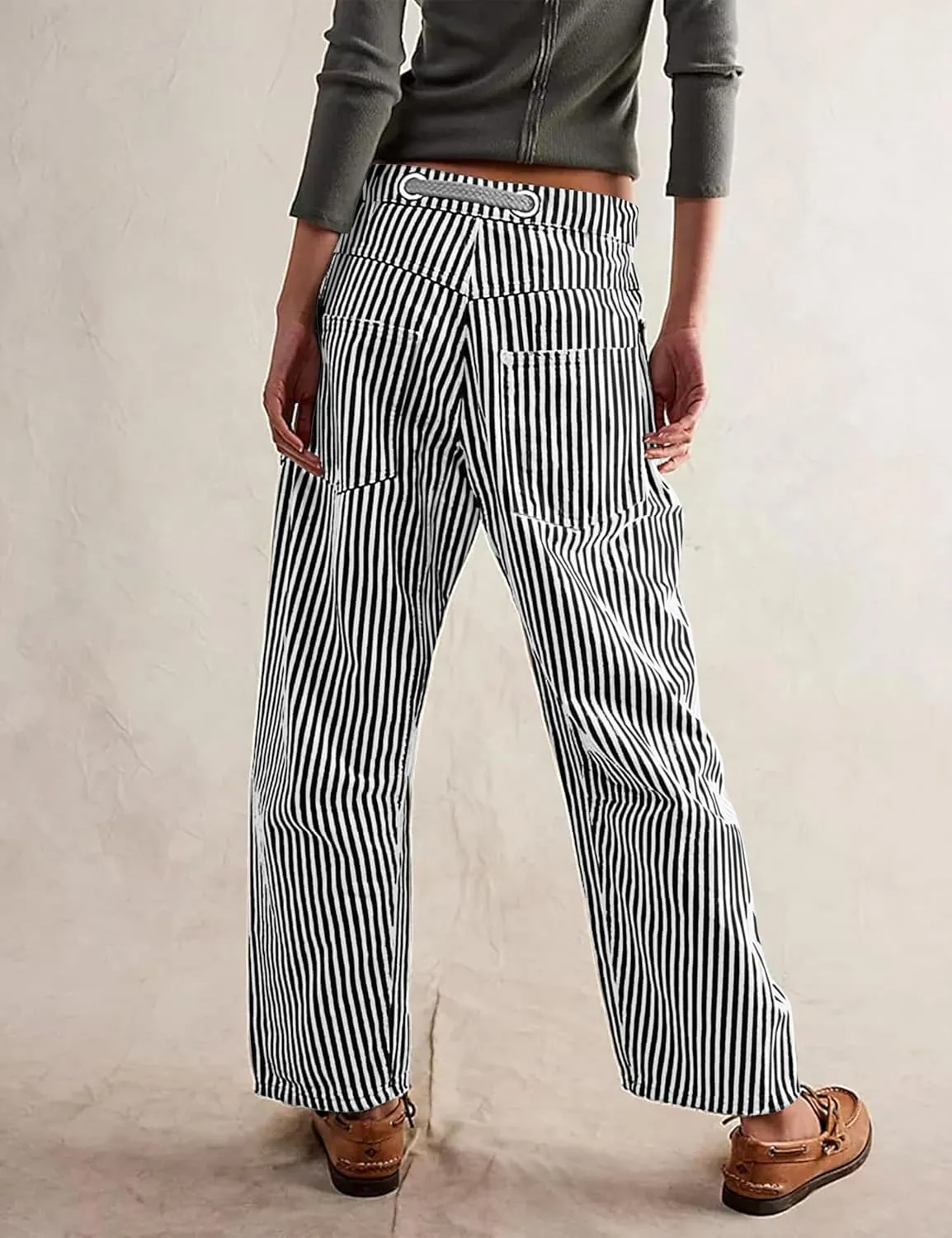SAFRISIOR Women Striped Patchwork Pants Drawstring Barrel Pant Wide Leg Streetwear Y2k Trousers with Pockets