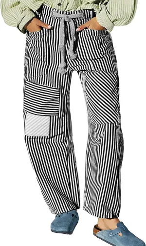 SAFRISIOR Women Striped Patchwork Pants Drawstring Barrel Pant Wide Leg Streetwear Y2k Trousers with Pockets