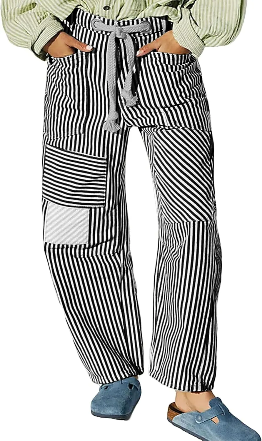 SAFRISIOR Women Striped Patchwork Pants Drawstring Barrel Pant Wide Leg Streetwear Y2k Trousers with Pockets