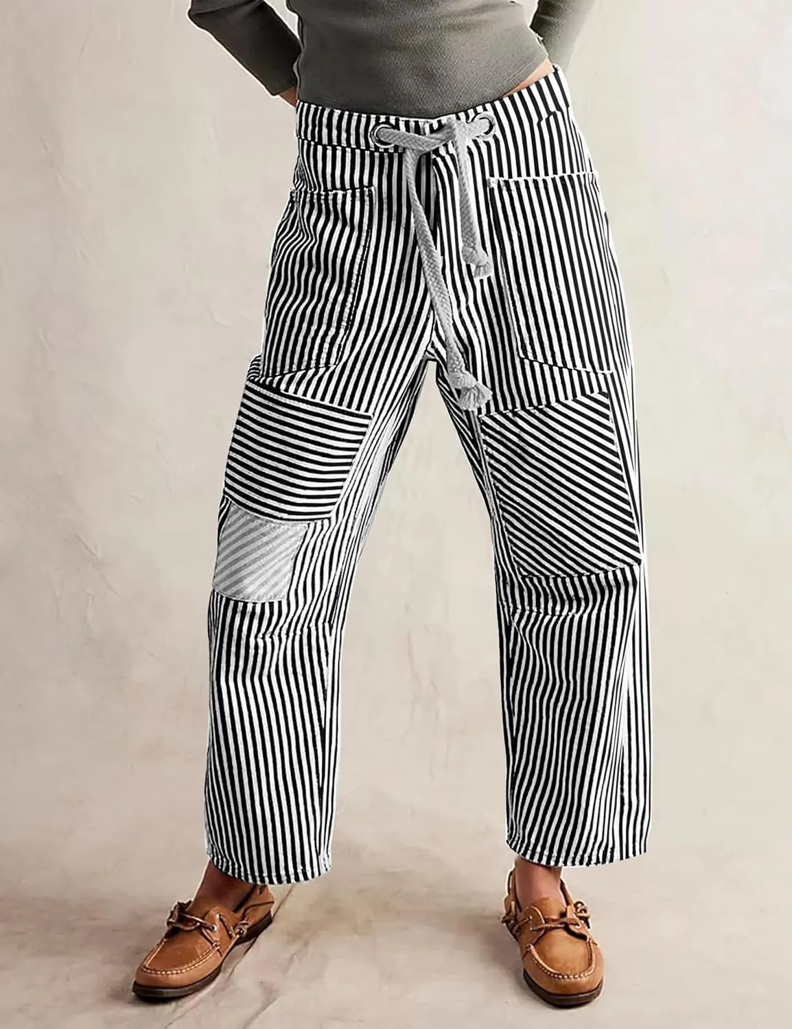 SAFRISIOR Women Striped Patchwork Pants Drawstring Barrel Pant Wide Leg Streetwear Y2k Trousers with Pockets
