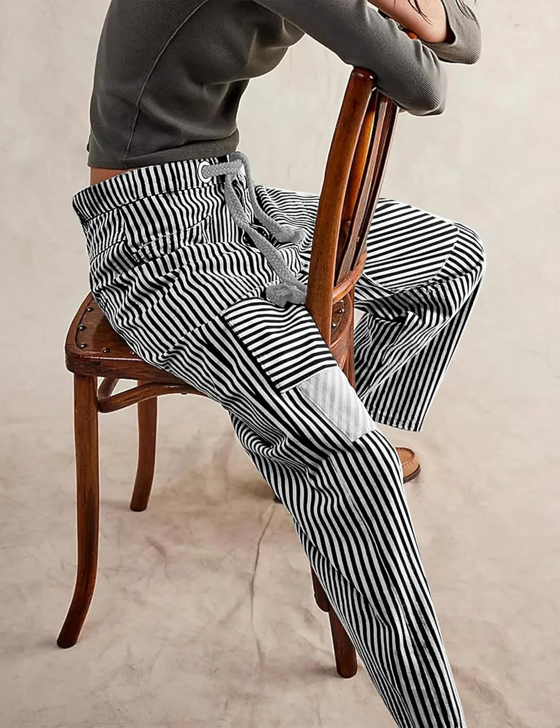 SAFRISIOR Women Striped Patchwork Pants Drawstring Barrel Pant Wide Leg Streetwear Y2k Trousers with Pockets