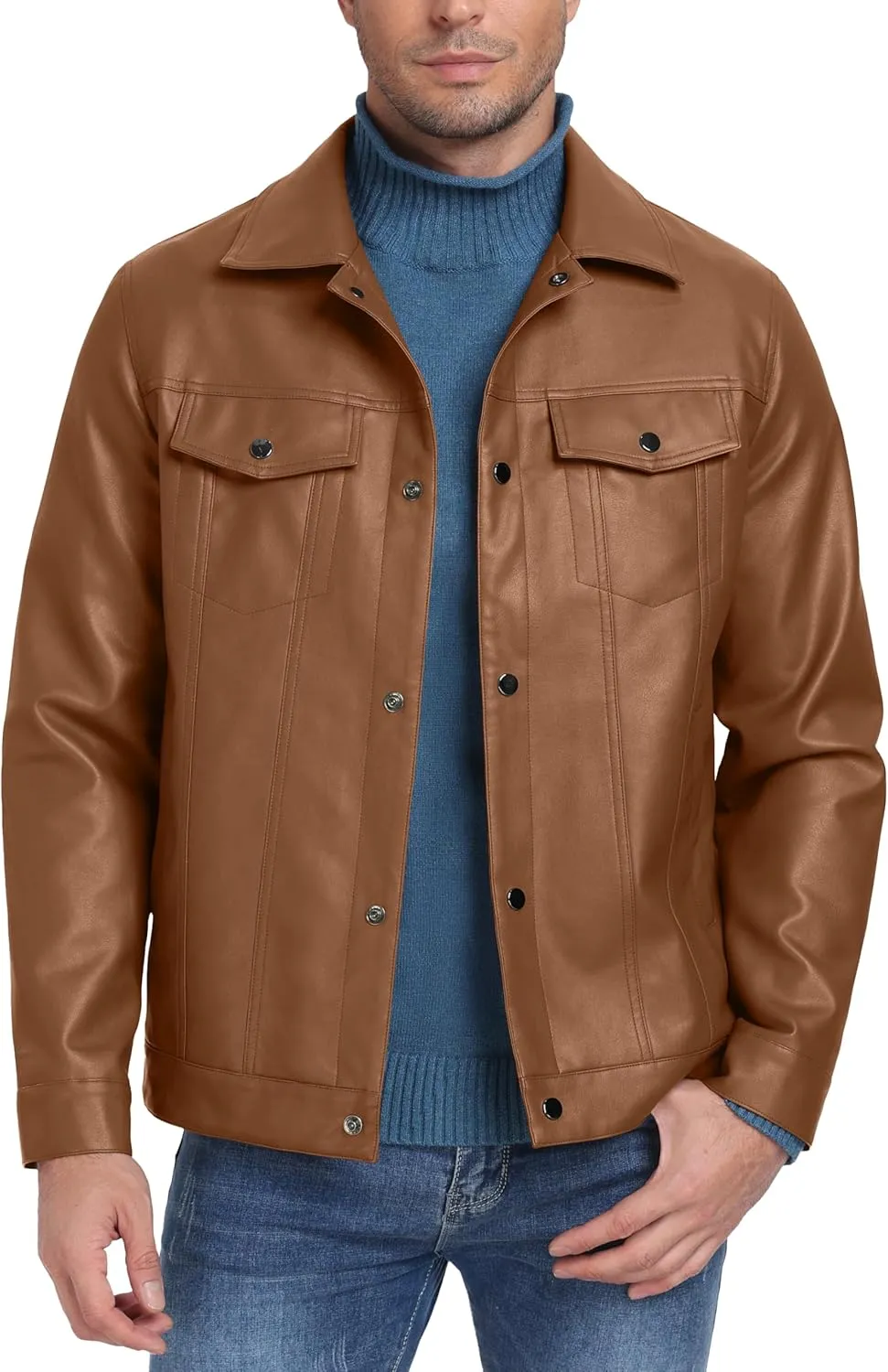 Sailwind Men's Leather Jacket Lapel Collar Motorcycle Coat Snap Button Faux Leather Bomber Jackets