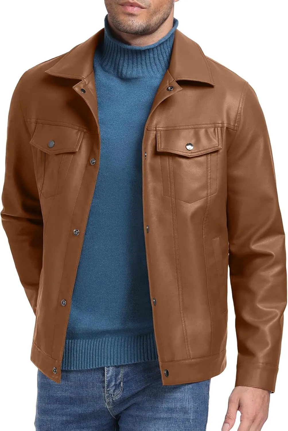Sailwind Men's Leather Jacket Lapel Collar Motorcycle Coat Snap Button Faux Leather Bomber Jackets
