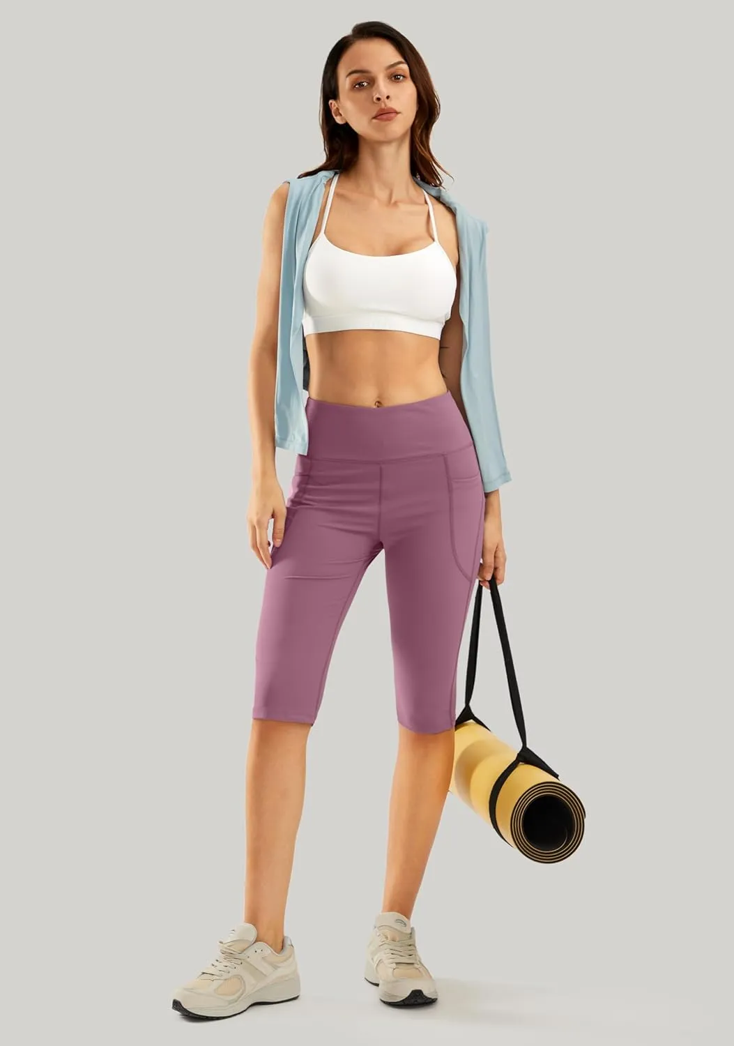 SANTINY Women's Knee Length Capri Leggings with Pockets High Waisted Workout Exercise Yoga Capris Pants for Women