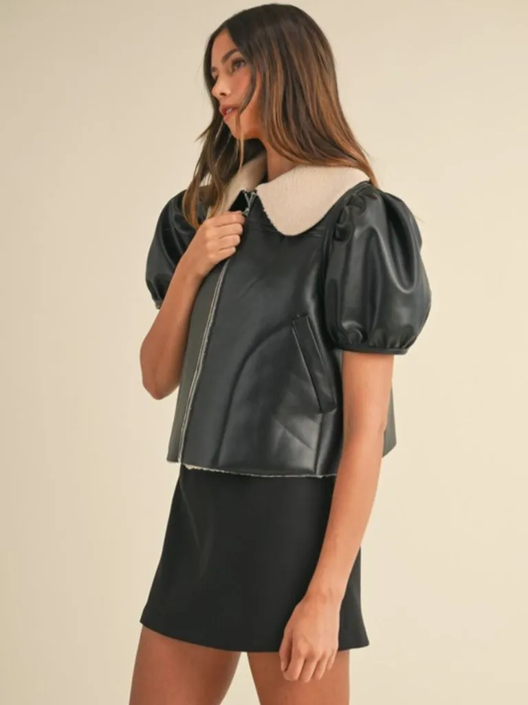 Shearling lined puff sleeve cropped jacket