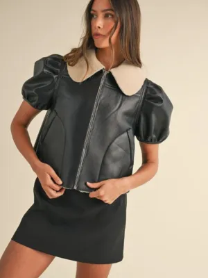 Shearling lined puff sleeve cropped jacket