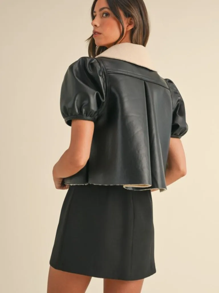 Shearling lined puff sleeve cropped jacket