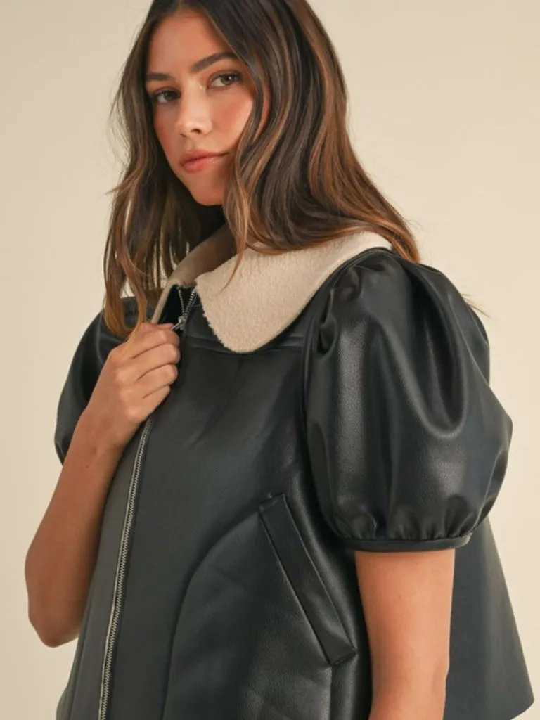 Shearling lined puff sleeve cropped jacket
